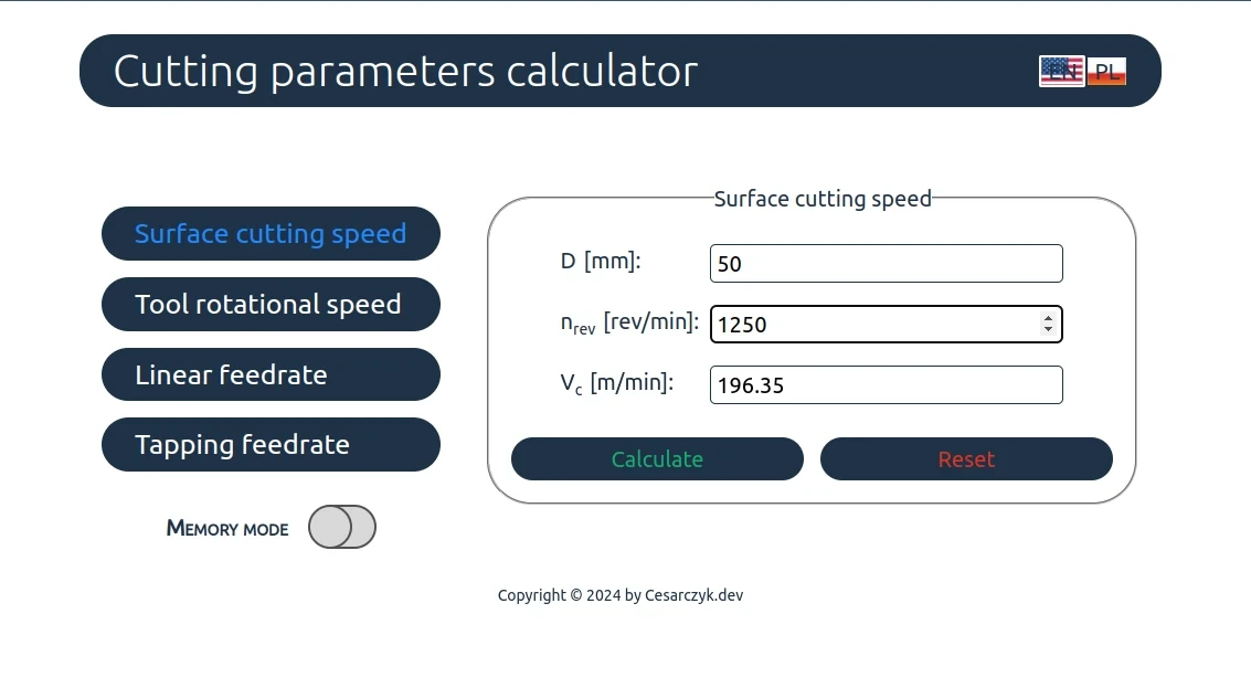 CNC Calc React Screenshot